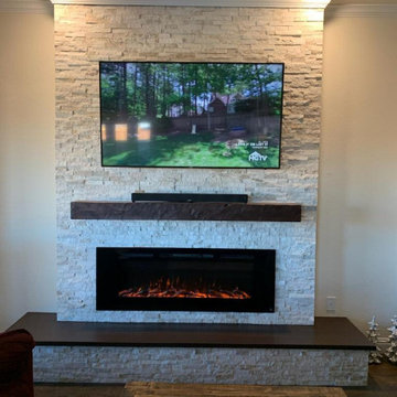 Stone Feature Wall with Electric Fireplace and Hearth Bench - Aubrey