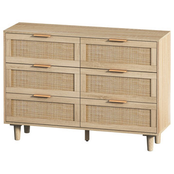 TATEUS 6-Drawers Rattan Storage Cabinet with Wood Legs, Natural