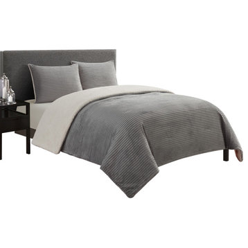 Milonega 3 Piece Sherpa Comforter Set, Grey, King