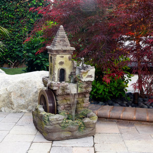 35" Tall Outdoor Fairy Castle Waterwheel Tiered Fountain Yard Art Decoration