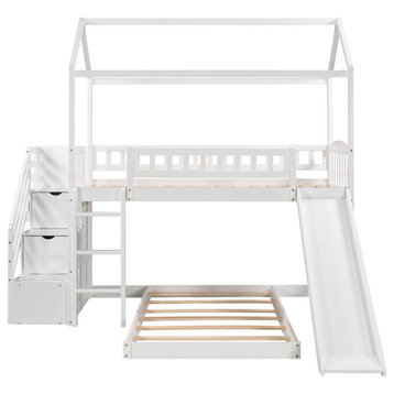 Gewnee Twin Over Twin Bunk Bed with Two Drawers and Slide, House Bed in White