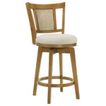 Armen Living - Isla 30" Amber Glow Wood Swivel Barstool, Ivory Fabric, Set of 3 - Graceful and contemporary, the Isla Barstool Collection brings refined elegance and everyday comfort to your home. Designed with versatility in mind, these stools are available in both counter and bar heights and offered in a selection of finishes, from the warm tones of Amber Glow to the timeless appeal of Putty Brown. Each stool features a rounded cushion in a soft ivory or cream tone that adds warmth and visual softness to any setting.
