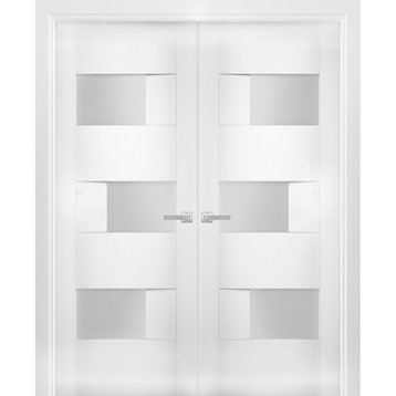 Solid French Double Doors Opaque Glass / Sete 6933 White Silk, 64" X 80" ( 2* 32x80)