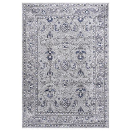 Usak Collection 5' x 7' Gray/Blue Oriental Distressed Non-Shedding Area Rug