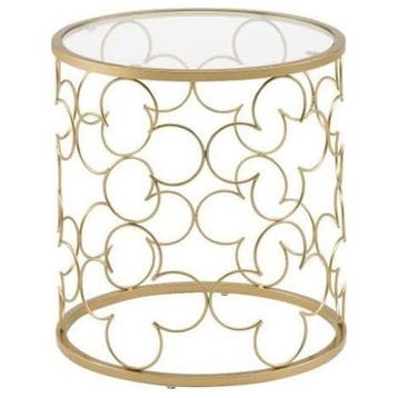 Modern End Table, Geometric Design With Gold Metal Frame & Rounded Top, Clear