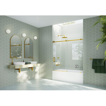 56-60"x60-Frameless Bath Tub Sliding Shower Door Square Hardware, Satin Brass