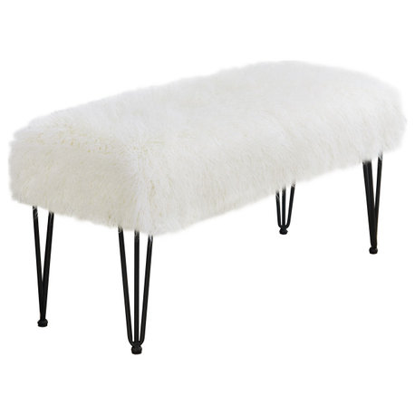 Mongolian Fur Ottoman, Antique White, 46"x16"x22"