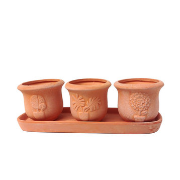 Terracotta Clay Small U Shape Embossed Earthenware Planters and Tray, Set of 3