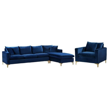 Home Square 2-Piece Set with Velvet Reversible Sectional & Accent Chair in Navy