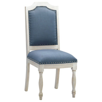 Whitewashed Wood Blue Upholstered Dining chairs Set