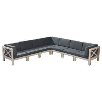Dale Outdoor 7 Seater Acacia  Sectional Sofa Set, Weathered Finish and Dark Gray