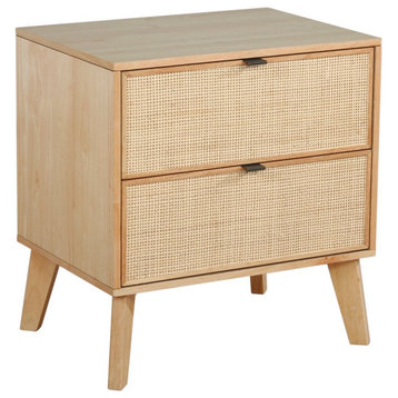 Mid Century Nightstand, Splayed Legs & 2 Drawers With Rattan Cane Front, Natural