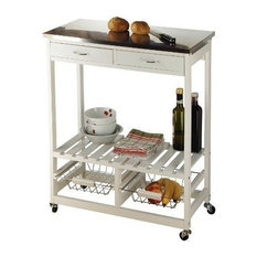 Modern Serving Trolley Cart, White MDF With Stainless Steel Top and 2-Drawer