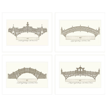 4-Piece Chinoiserie Bridge Illustrations, Sepia on Watercolor Paper