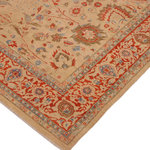 Bareens Designer Rugs - Bohemien Ziegler Corie Tan Rust Hand-Knotted Wool Rug - 9'0'' x 11'9'' - Enhance the ambiance of your home with this magnificent Persian-influenced Turkish hand-knotted rug made by skilled artisans capable of creating the most exceptional vegetable dyes and hand-spun wool. This exquisite handmade rug is a one-of-a-kind Peshawar Kafkaz, otherwise identified as Chobi, Chobi Peshawar, Oushak, or Ziegler rug. These handmade rugs are crafted in Pakistan utilizing superior-quality wool imported from Australia, New Zealand, and Korea in two types of weaves: the Persian weave and the Mori weave. This rug is meticulously crafted by hand using the finest natural vegetable dyes extracted from local plants. The artisans use a blend of hand-spun local and fine merino wool, resulting in a rug with a compelling texture, higher lanolin content, and longer staple. The artisans occasionally incorporate natural or artificial silk into the pile to enhance specific motifs. The finished product is an awe-inspiring execution of flawless design and an understated palette that exudes elegance.