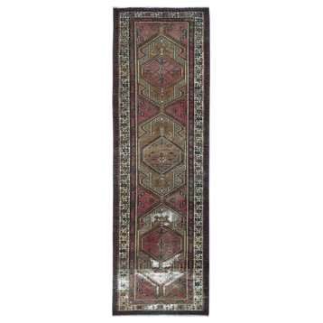 Rich Red, Worn Wool Hand Knotted, Vintage Persian Serab Runner Rug, 3'1"x10'1"