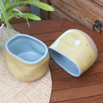 Novica Handmade Yellow Squeeze Ceramic Teacups, Pair