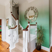 stairway and fireplace decor