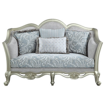 ACME Qunsia Loveseat With 4 Pillows, Light Gray Linen and Champagne Finish