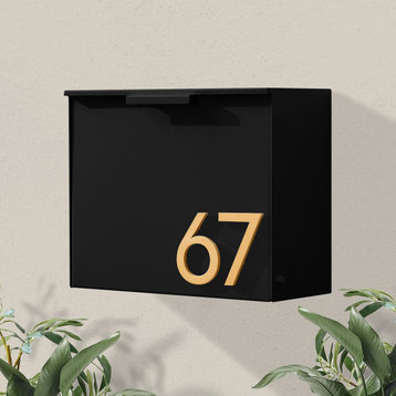 Cubby Wall Mounted Mailbox + House Numbers, Lock Included, Outgoing Flag, Black, Brass Font