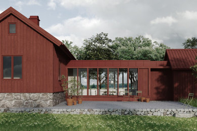 This is an example of a mid-sized scandinavian one-storey red house exterior in Gothenburg with wood siding.