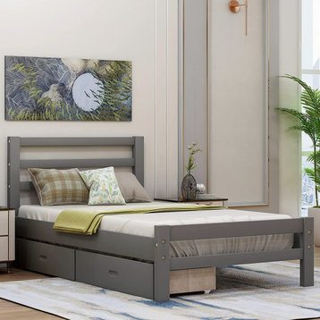 Twin Size Bed Frame, Paneled Headboard With Storage Drawers, Gray Finish