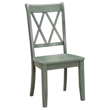 Pine Veneer Side Chair With Double X Cross Back, Teal Blue, Set Of 2