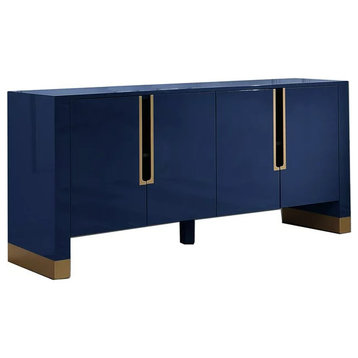 Modern Sideboard, Cabinet Doors With Gold Trim Carved Pull Handles, White Gloss, Navy Gloss