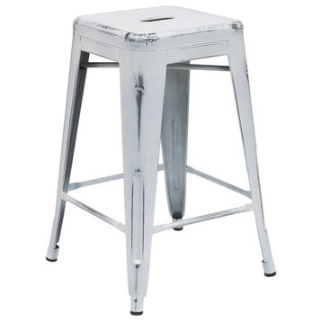 24" High Backless Distressed White Metal Indoor-Outdoor Counter Stool
