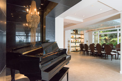 Example of a huge trendy porcelain tile great room design in Seattle with white walls and no fireplace