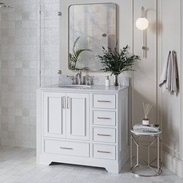 Ariel Stafford 37" Single Left Offset Oval Sink Bathroom Vanity, White, 0.75 Carrara Marble
