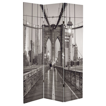 6' Tall Double Sided Black and White New York Bridge Canvas Room Divider