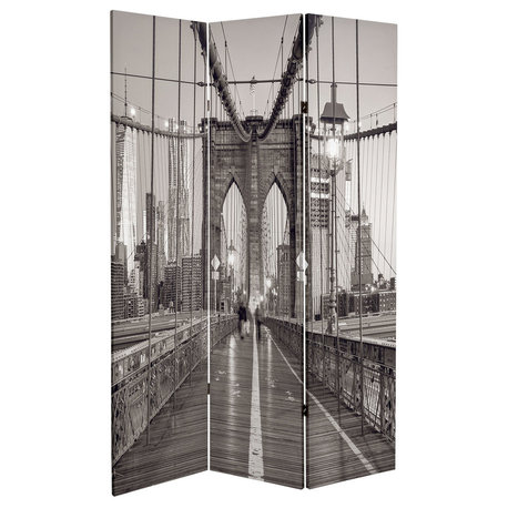 6' Tall Double Sided Black and White New York Bridge Canvas Room Divider