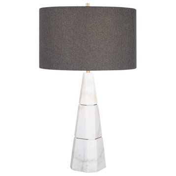 Luxe Tapered White Marble Pyramid Table Lamp 29 in Faceted Gray Veined Brass