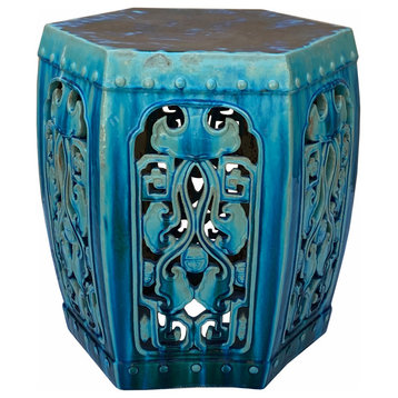 Ceramic Clay Green Turquoise Glaze Hexagon Motif Garden Stool Table Hcs7023