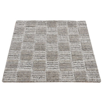 Fossil Gray Modern Patchwork Design Hand Loomed 100% Wool Rug 2'1"x2'3"