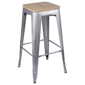 Metal Backless Silver Bar Stools With Light Wooden Seat, Set of 1