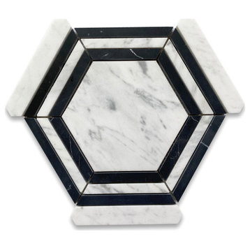 Carrara White Marble Hexagon Nero Strip Geometric Mosaic Tile Honed, 1 sheet
