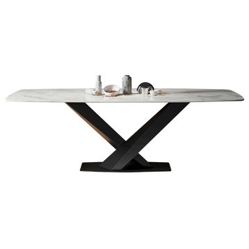 Modern Rectangular White Sintered Stone Dining Table with Metal X-Base