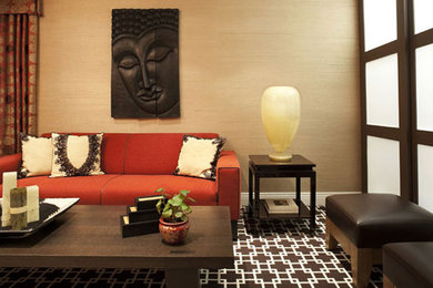 Inspiration for a mid-sized asian open concept carpeted and multicolored floor home theater remodel in New York with brown walls