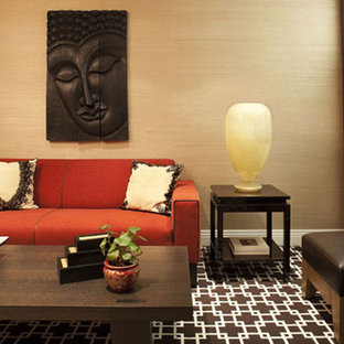 Inspiration for a mid-sized asian open concept carpeted and multicolored floor home theater remodel in New York with brown walls