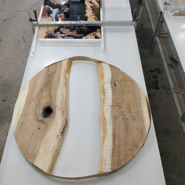 48” Round Epoxy River Table – Walnut Wood with Ocean-Inspired Blue Resin Design