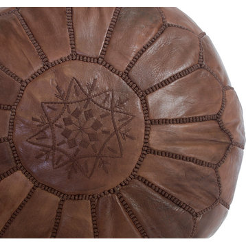 Embroidered Leather Pouf, Brown on Brown