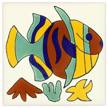 Tierra y Fuego Handmade Ceramic Tile, 4.25x4.25" Rainbow Fish, Box of 45
