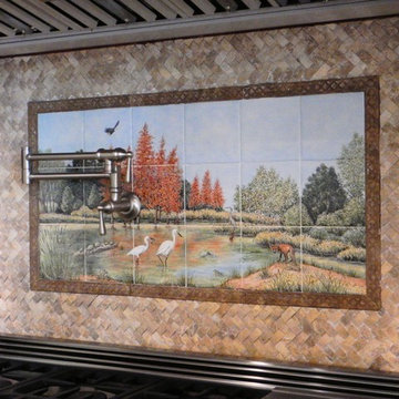 "Snowy Egrets & Copper Red Bald Cypress" kitchen backsplash tile mural