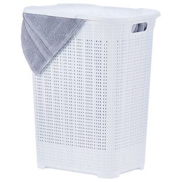 Laundry Hamper With Lid, 50 Liter Knit Style Hamper With Cutout Handles, White
