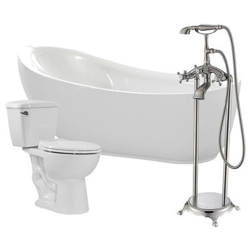 ANZZI 71" White Acrylic Soaking Bathtub With Faucet and 1.28 GPF Toilet