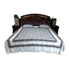 Mogul Interior - White Floral Printed Indian Cotton Tapestry Bedspreads With Pillows, Set Of 3 - Sheet and Pillowcase Sets