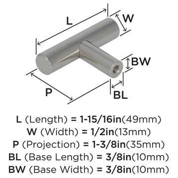 Bar Pulls 1-15/16" 49 mm Length Cabinet Knob, Polished Nickel, Set of 10