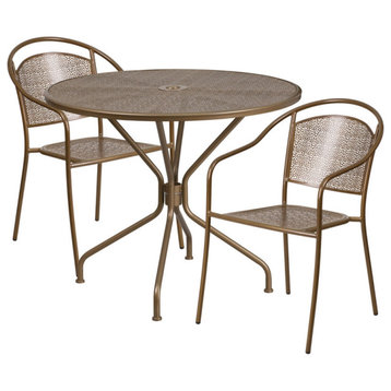 35.25'' Round Indoor-Outdoor Steel Patio Table and 2 Round Back Chairs, Gold